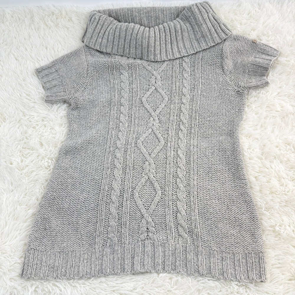 Columbia Wool Cable Knit Tunic‎ Sweater Cowl Neck Short Sleeve Gray Large Preppy